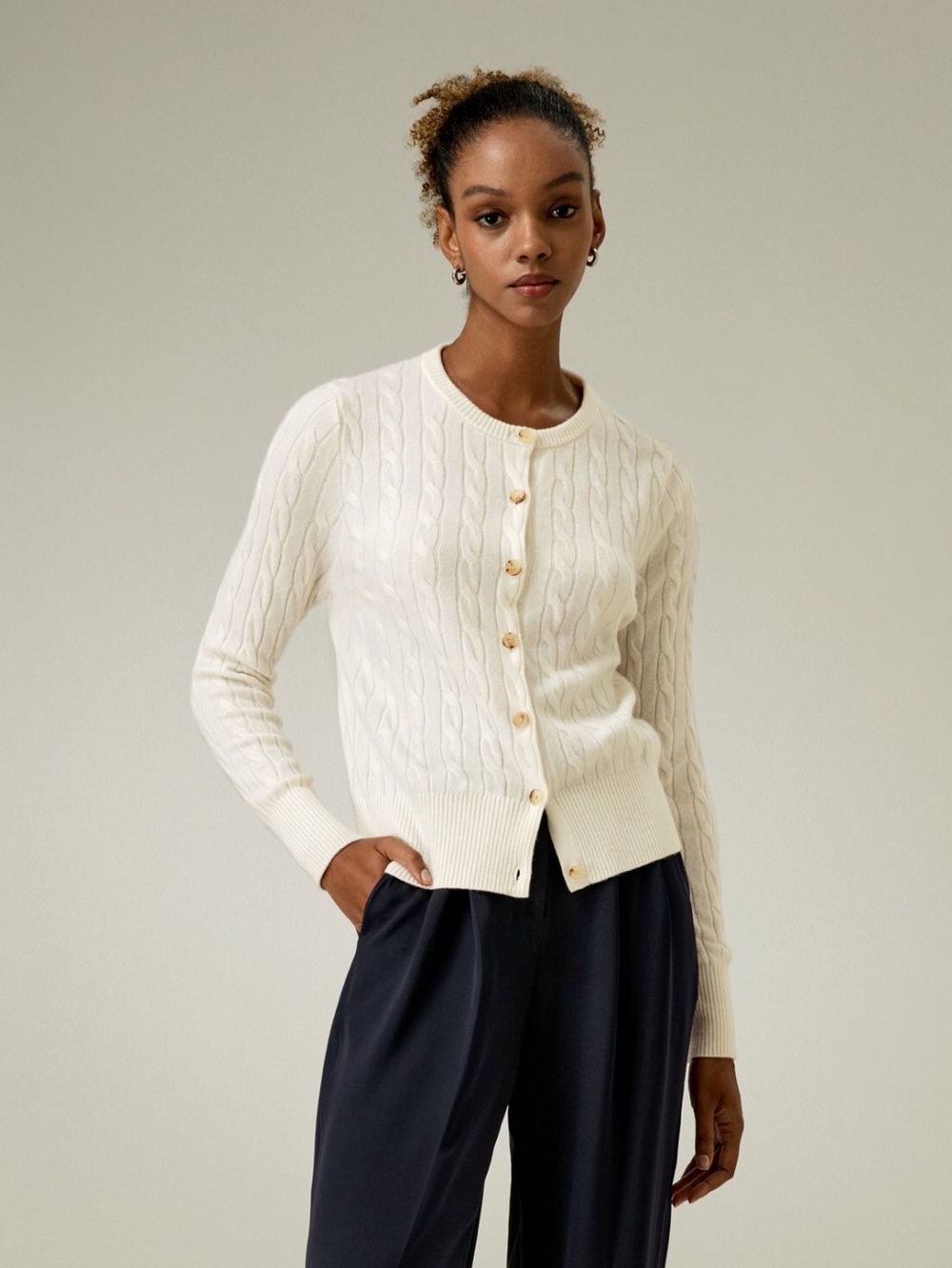 Norm Thompson White Cable Knit Cardigan Sweater